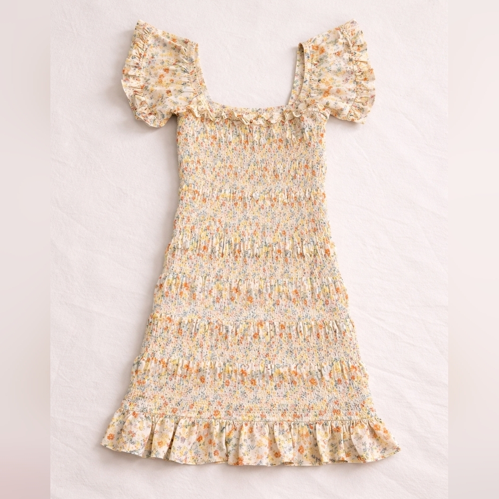 Storia Yellow Floral Smocked Mini Dress with Orange Accents, Women's Size Medium